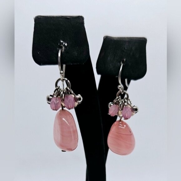 Rose Quartz Cluster Silvertone Earrings - Picture 2 of 6
